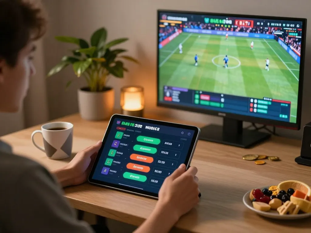 Engaging with the 8xbet app for sports betting from a modern home setup with snacks and live match