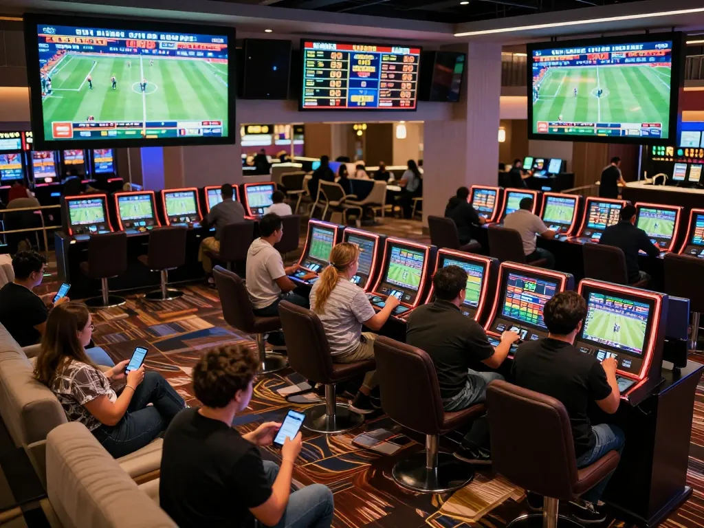 Dynamic sports betting scene at LV88 casino with engaged bettors watching live games