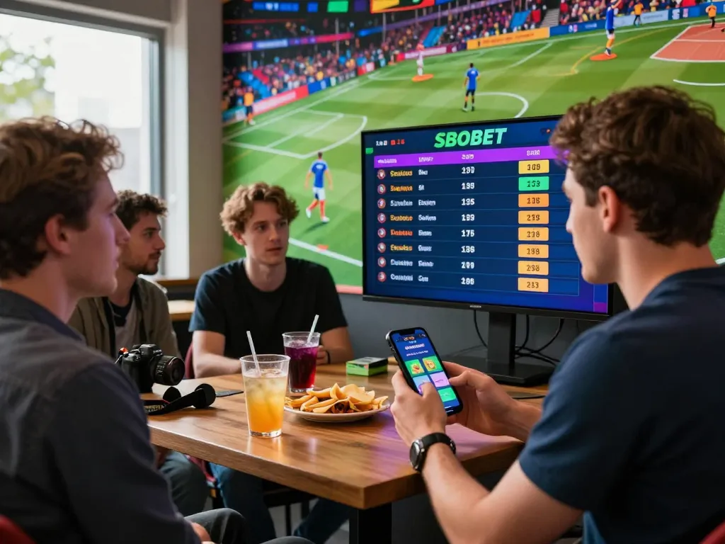 Engaged group analyzing SBOBET odds in a lively betting environment.