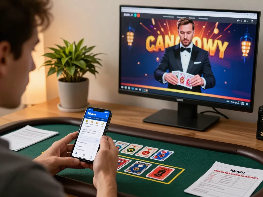 Engaged player using kkwin win app for an exciting online baccarat game at home.