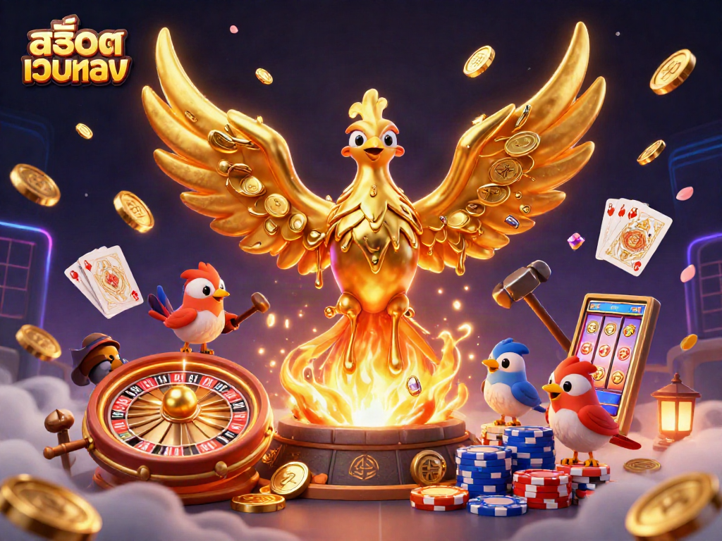 Engage with สล็อตเว็บตรง, featuring a molten golden phoenix amidst casino gems and coins.