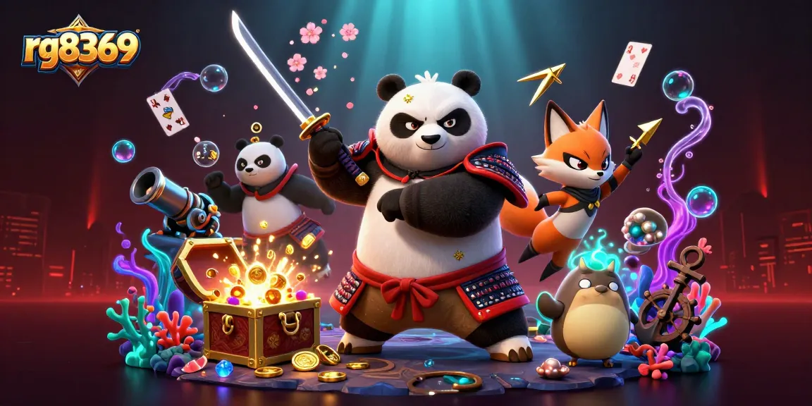 Experience the thrill of rg8369 with a dynamic samurai panda and ninja fox in a vibrant casino scene.
