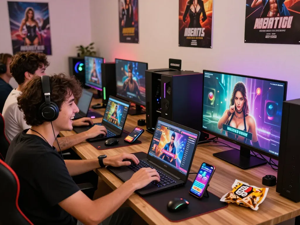 Playing engaging porn games online with friends in a dynamic gaming setup showcasing vibrant 3D visuals.