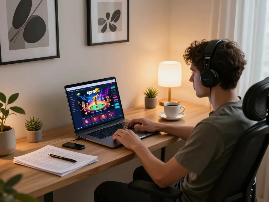 Player engaging with open88 casino games on a sleek laptop in a cozy home office setting