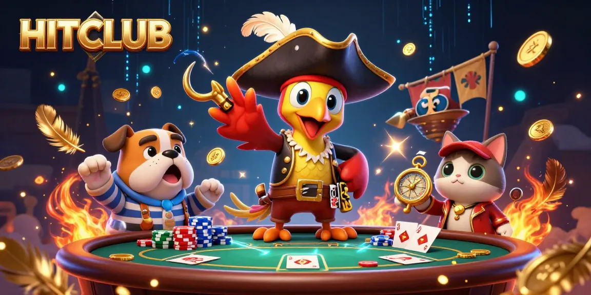Engage with HITCLUB through a vibrant and interactive poker scene featuring lively characters and dynamic game elements.