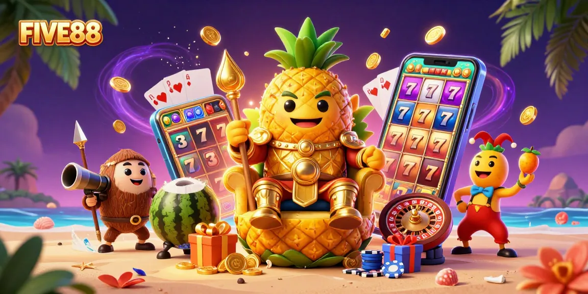 Experience FIVE88 with vibrant casino fun featuring the pineapple king and exciting game elements.
