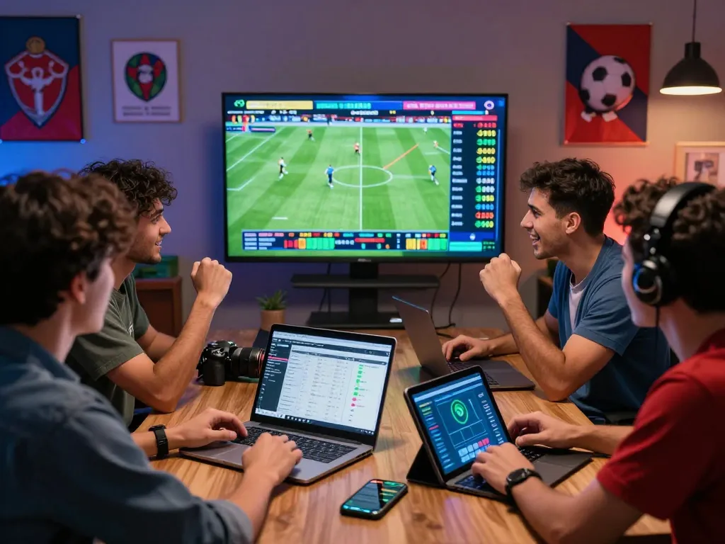 Group of sports bettors engaging with kèo nhà cái on live screens and devices in an exciting atmosphere.
