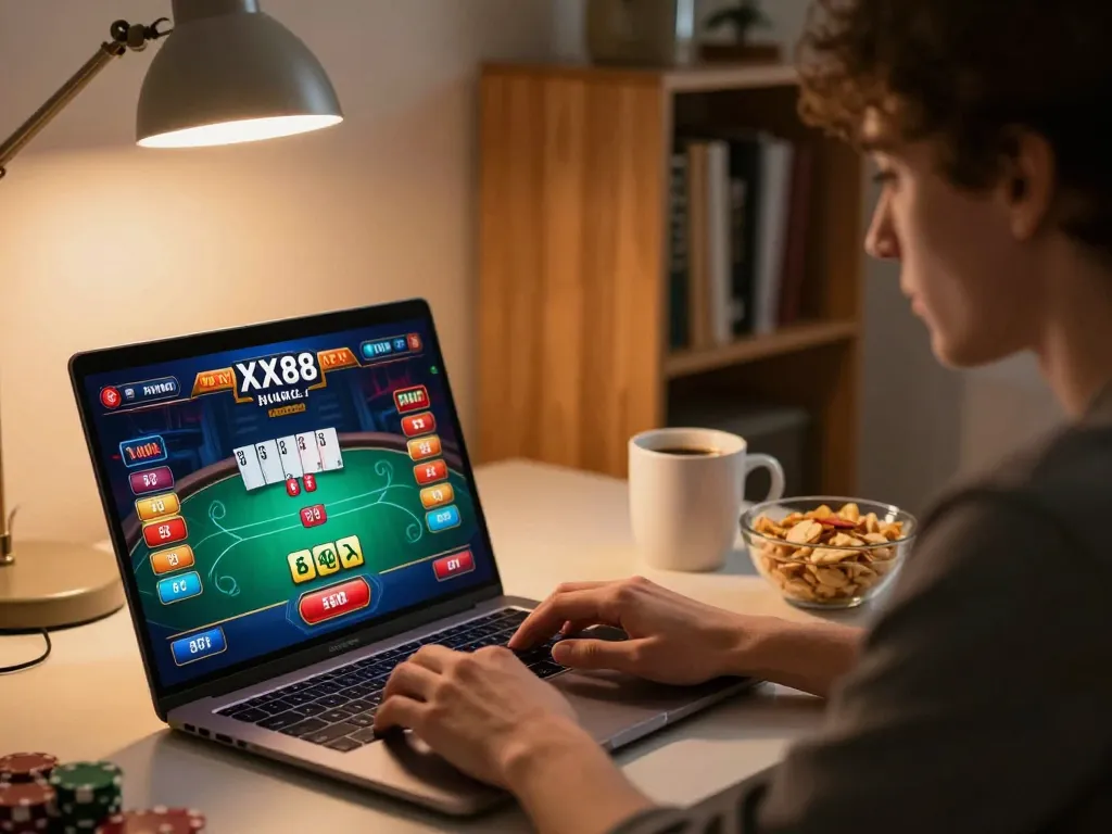 Player engaging in online gaming at XX88, showcasing poker interface and cozy home atmosphere.