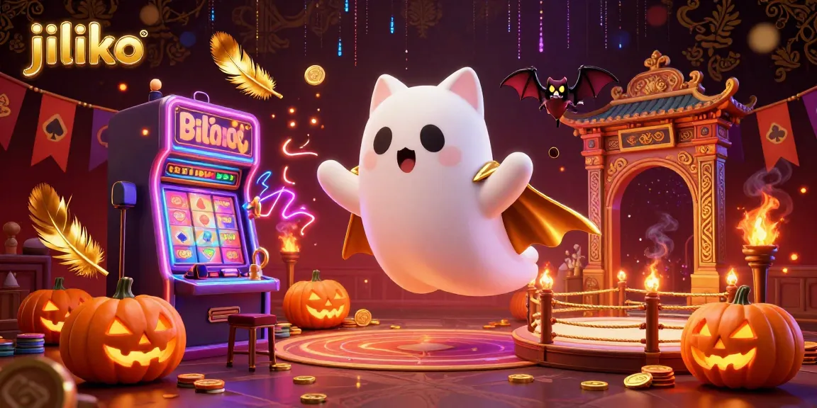 Engage with unique jiliko experiences at the haunted casino with a friendly ghost cat and glowing jack-o-lanterns.