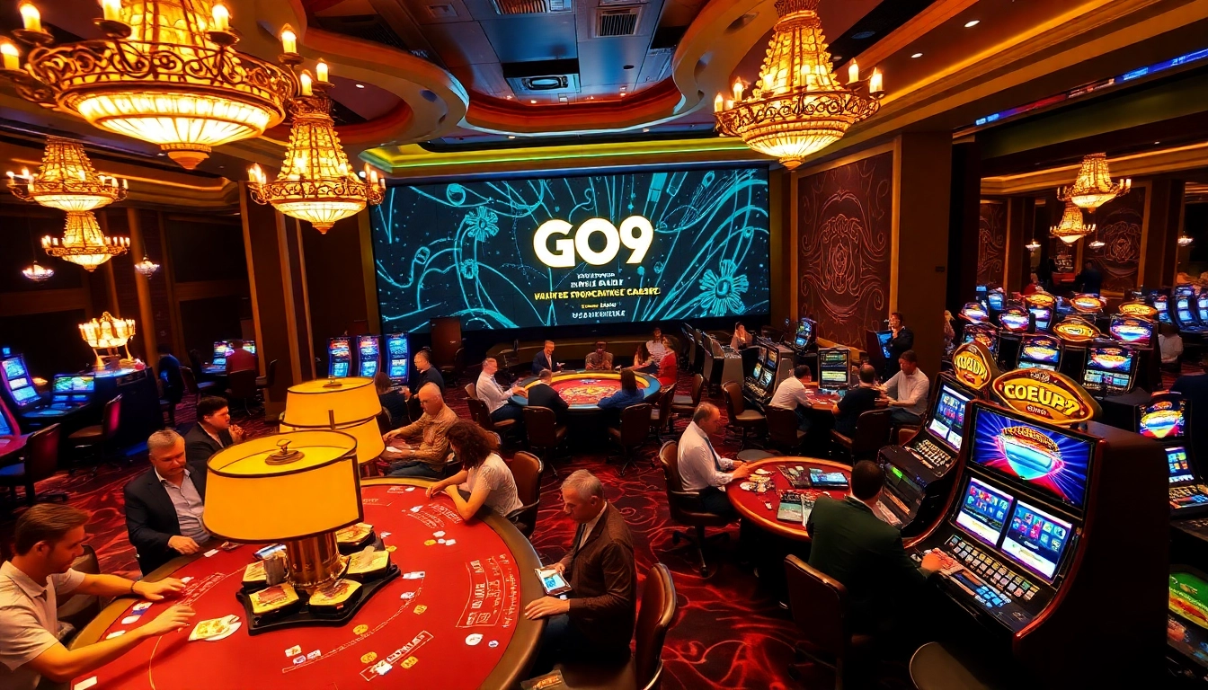 Players enjoying thrilling games at Go 99 casino, featuring poker tables and vibrant slot machines.