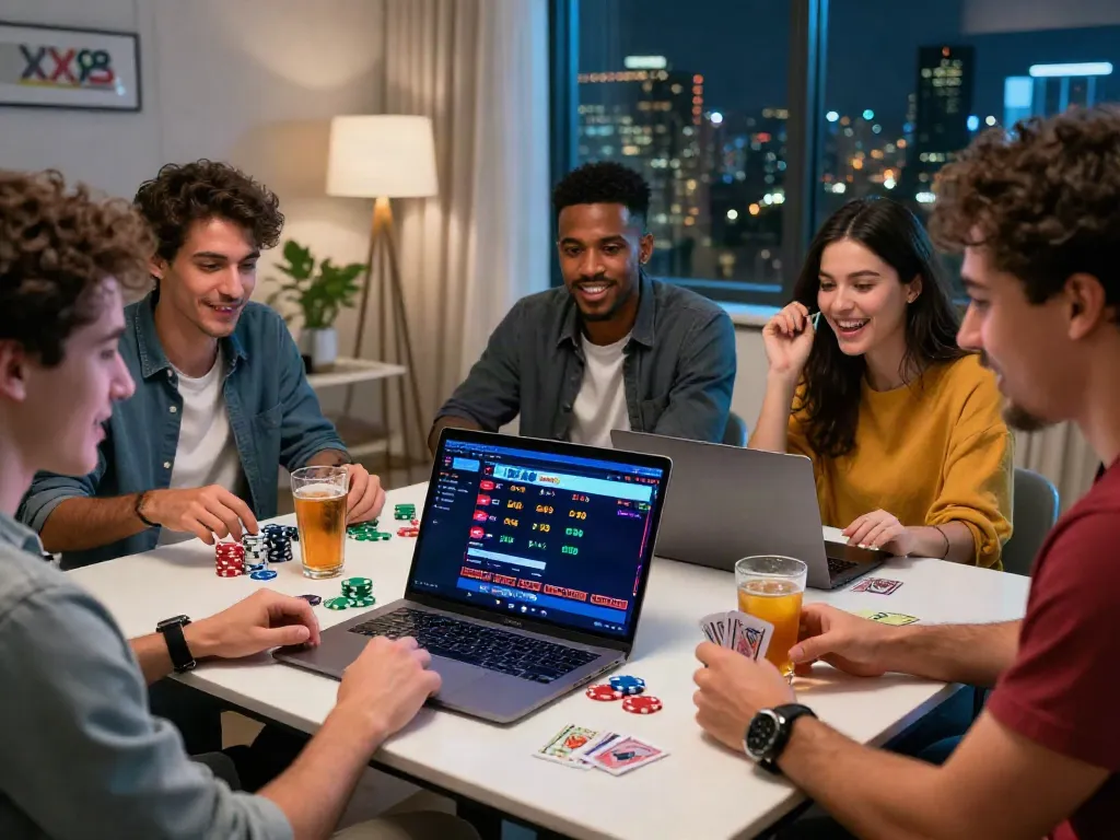Diverse friends enjoying online gambling on XX88 platform with casino games and sports betting.