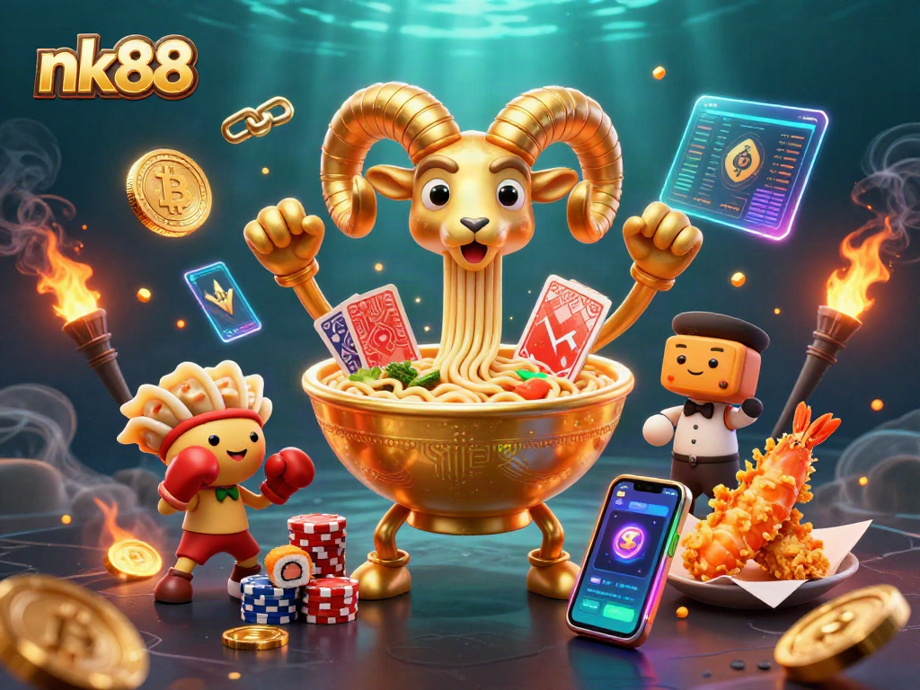 Join the fun with nk88's vibrant casino scene featuring animated characters and crypto coins.