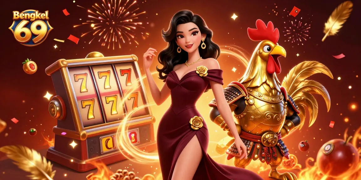 Bengkel 69 showcases a vibrant 3D casino scene with a glamorous woman and a rooster warrior among slot reels and golden confetti.