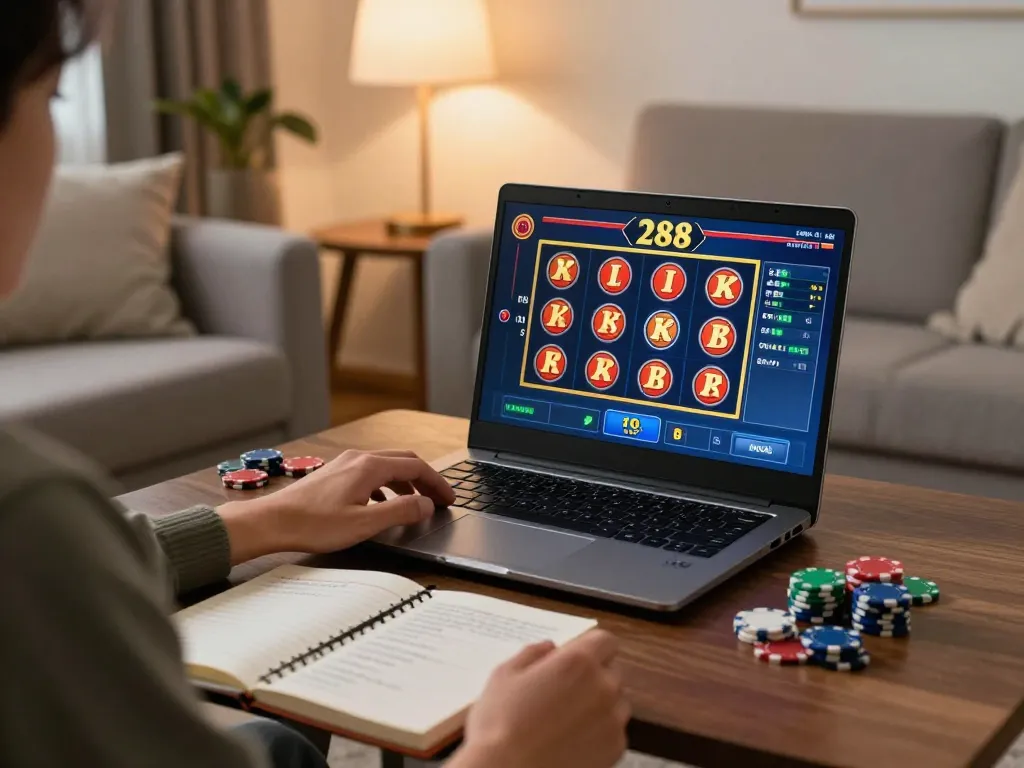 Engaging player using to288 slot game on laptop in cozy home gaming setup.