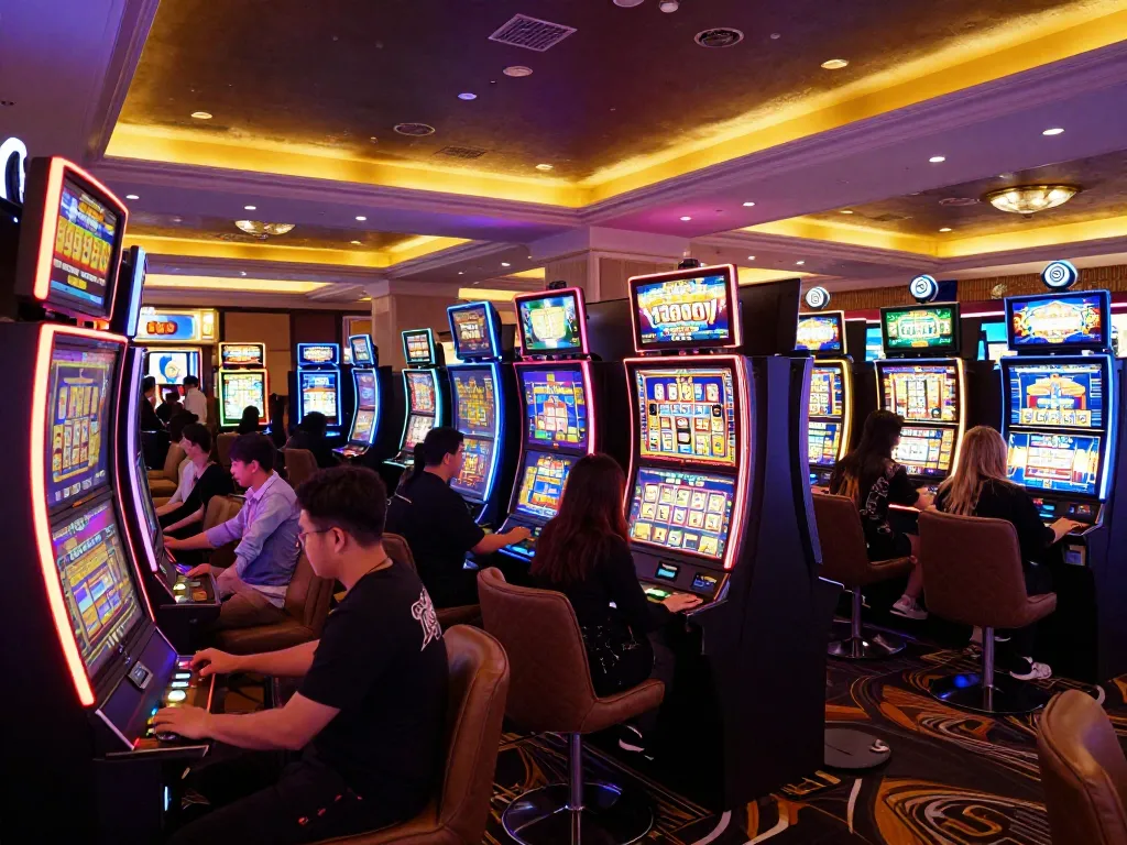 Players engaging with slot machines in a lively casino setting with colorful displays