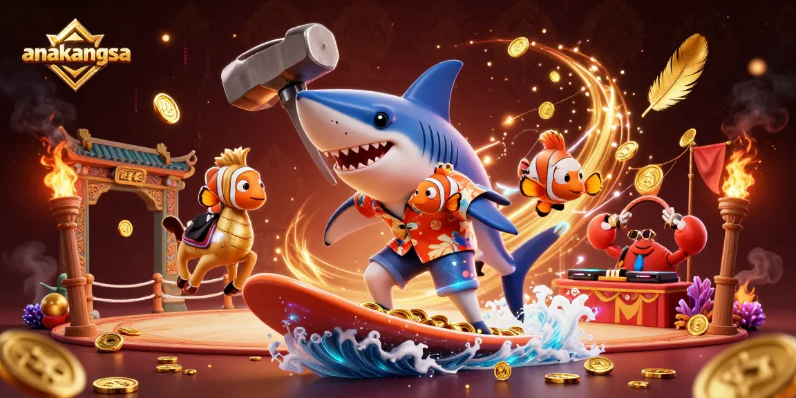 Experience excitement with anakangsa as a shark rides waves of gold coins amidst colorful casino elements.