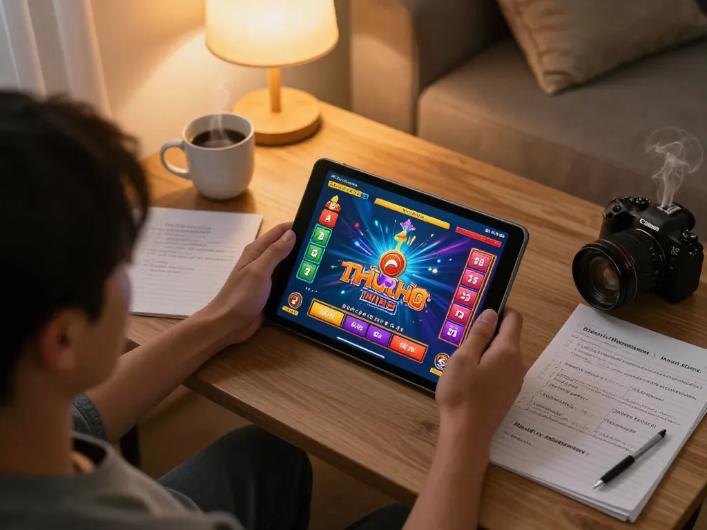 Player engaged in a nohu slot game on a tablet, focusing on strategy in a cozy living room.