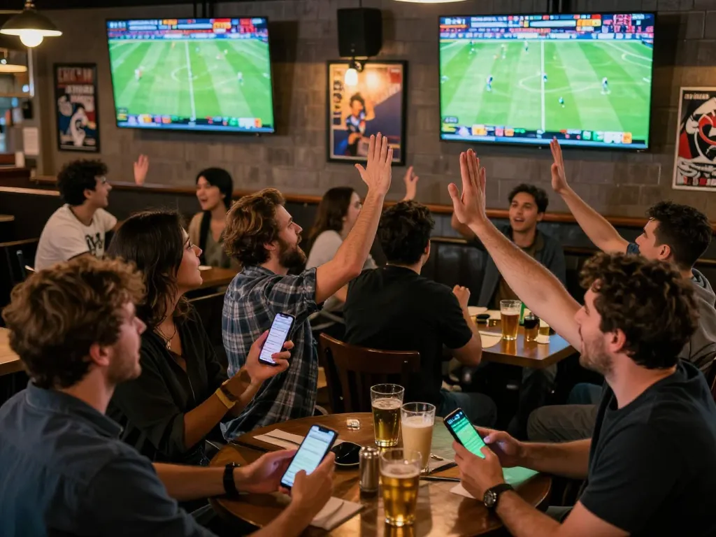 Friends celebrating wins with sports betting on 7m platforms in an exciting bar atmosphere