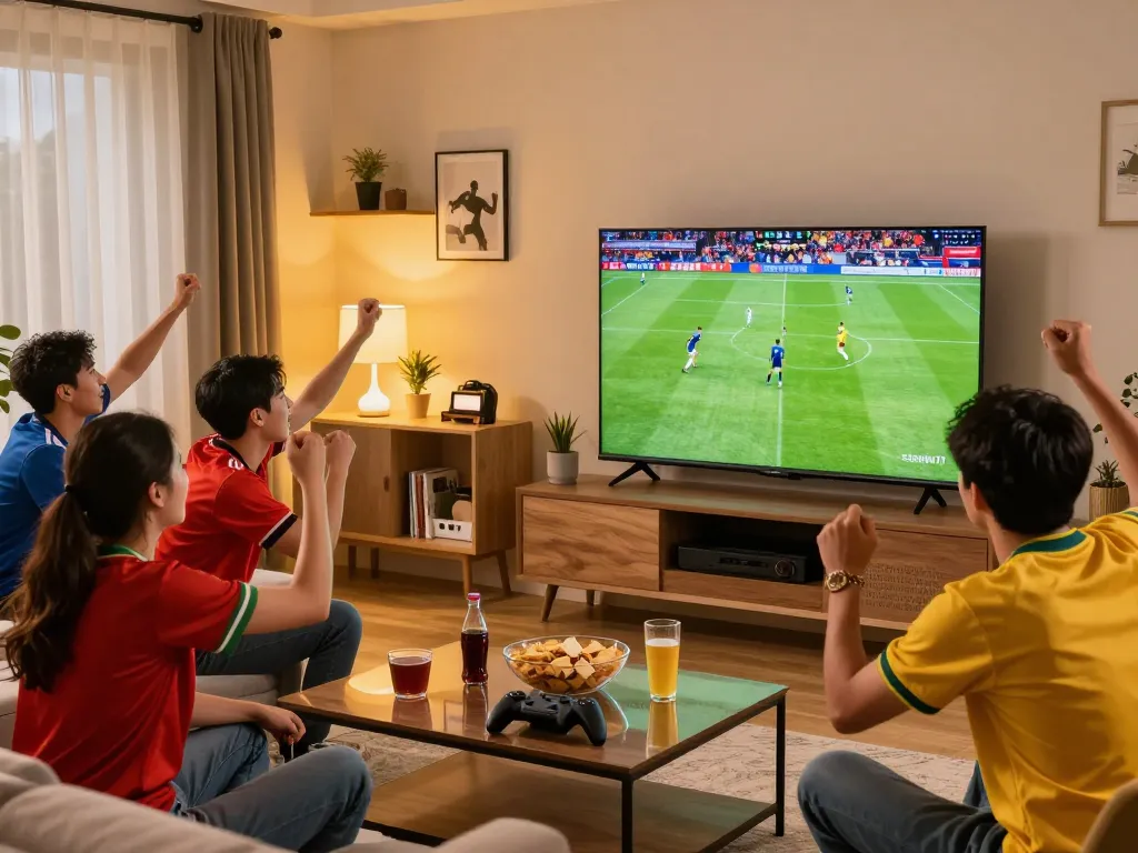 Engaged fans watching a soccer match via SocoliveTV in a lively home setting.