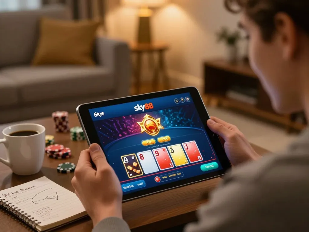 Player engaged with the sky88 link app at home on tablet, showcasing a vibrant poker game.