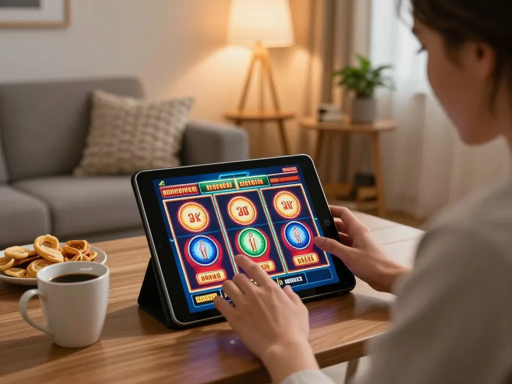 Engaging online gaming moment with ufo777 slot machine on tablet in a cozy setting.