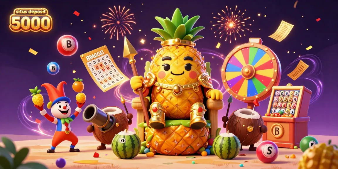 Engage with exciting slots at situs deposit 5000 in a vibrant beach casino scene featuring a golden pineapple king.