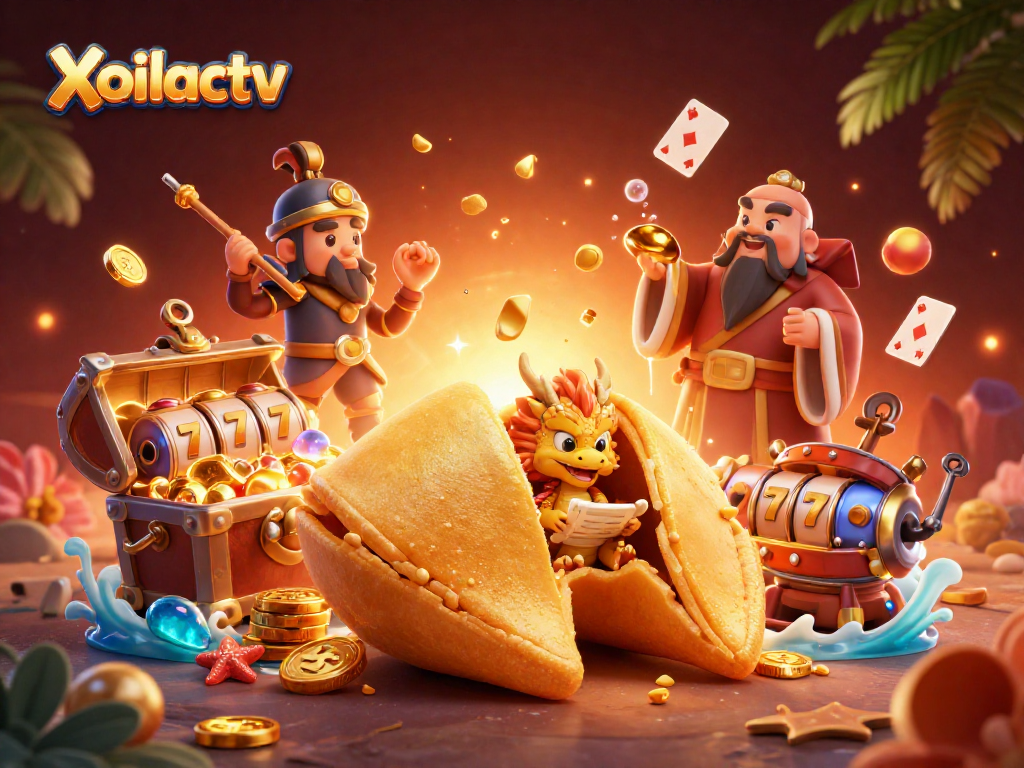 Xoilactv brings luck with a golden fortune cookie, wise dragon, and vibrant casino elements.