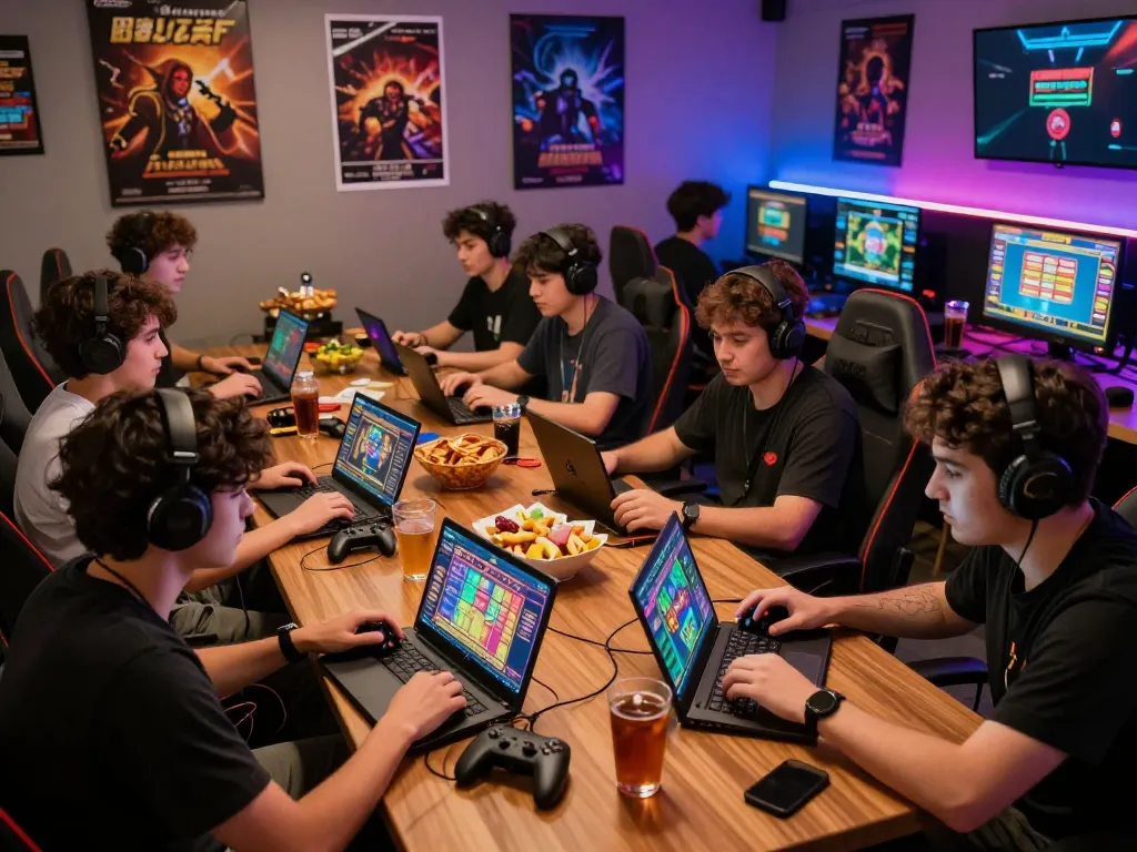 Engaged players enjoying toto gaming in a vibrant online gaming lounge with colorful screens and gadgets.