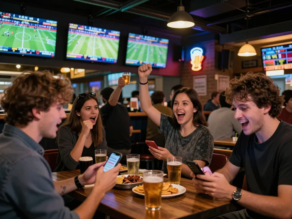 Betting with excitement on 7meter Judi Bola during a live sports event in a crowded bar