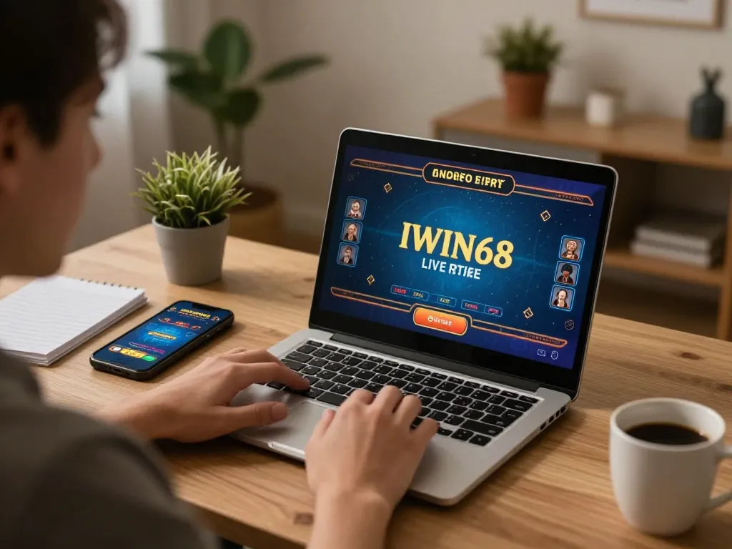 IWIN68 player strategizing with live dealer game on laptop while managing bankroll notes.