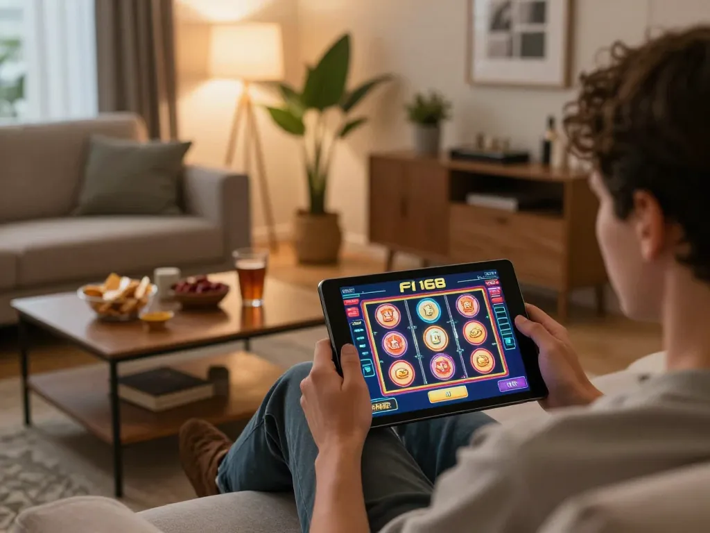 Engaging in F168 casino gameplay on a tablet in a cozy home setting