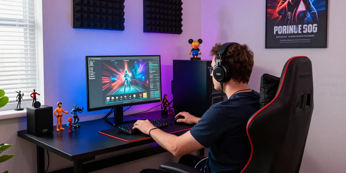 Engaged gamer exploring mind control porn games in a vibrant gaming setup with RGB lights and dynamic graphics.