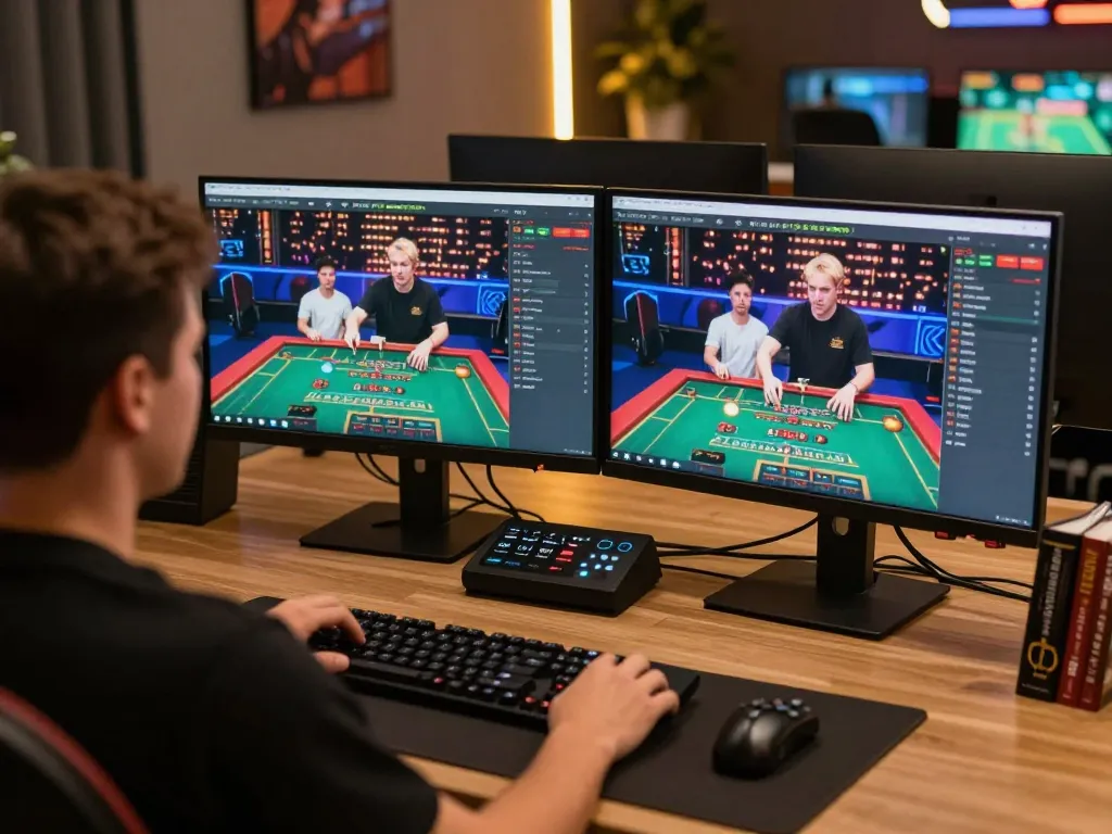 Engaged player at LV88.com using dual monitors for an immersive online casino experience