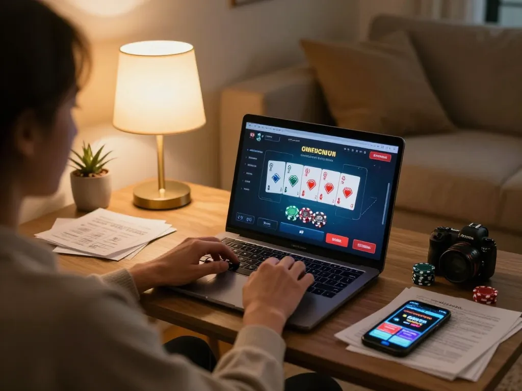Bermain poker online di rumah, dengan antarmuka https://www.hotel-restaurant-megeve.com/fr/ terlihat, mencerminkan permainan yang bertanggung jawab.