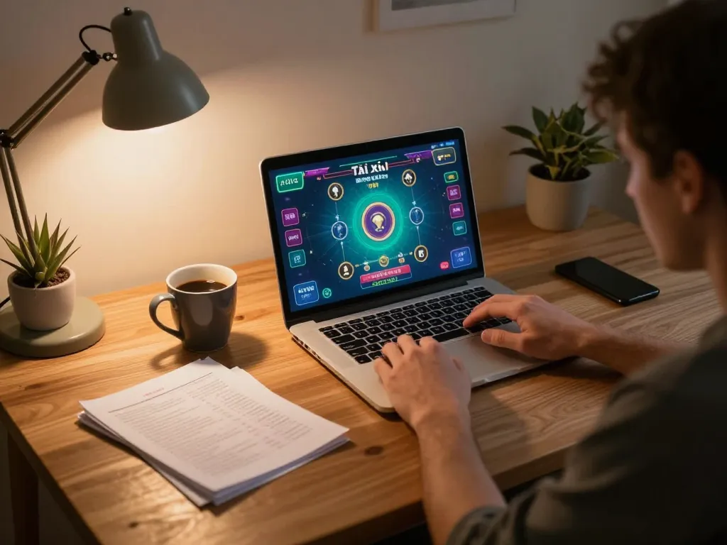 Tài xỉu online player betting on laptop in a cozy home setup.
