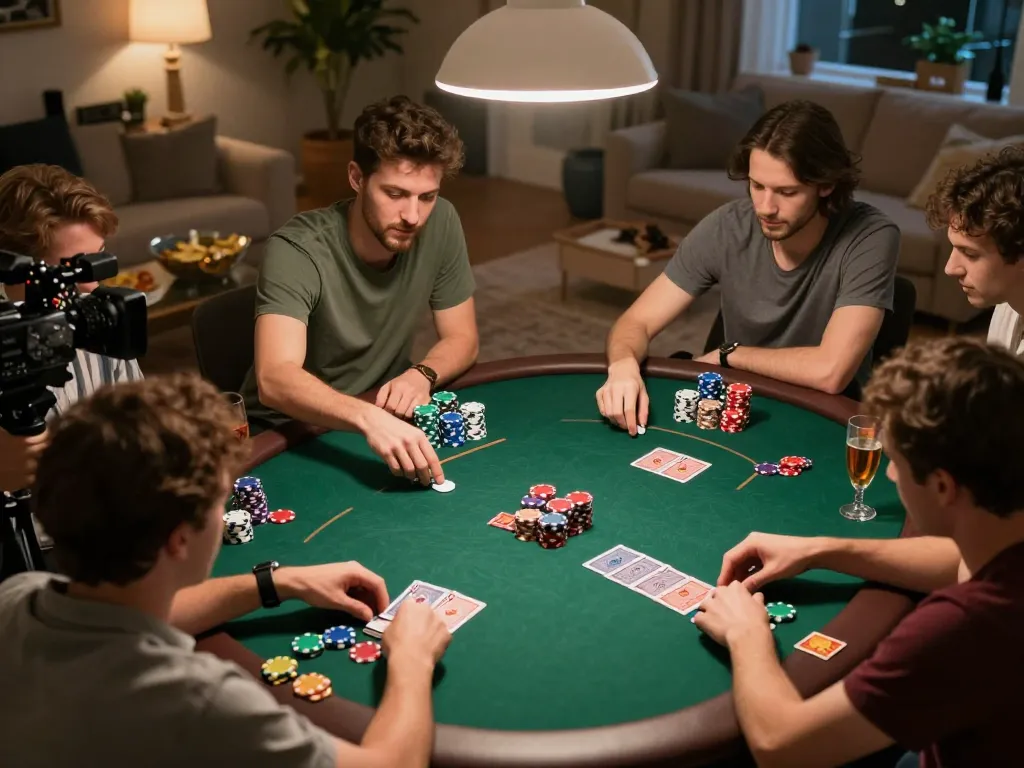 Iwin players enjoying an exciting poker game night at home with colorful chips and cards.