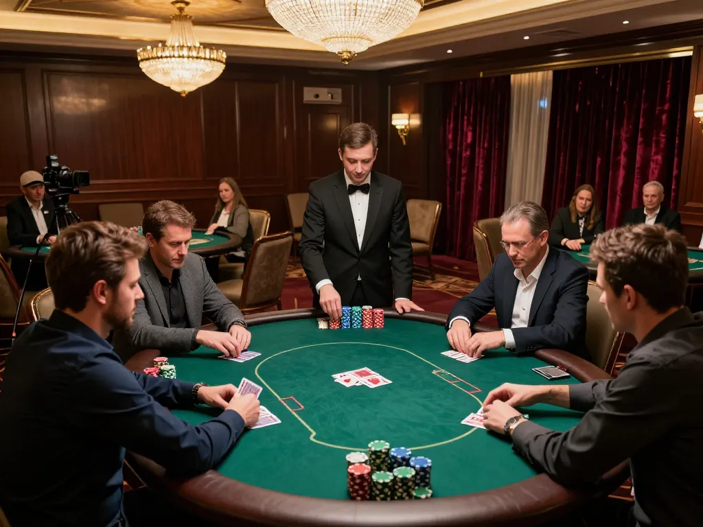 SC88 players engaging in intense strategy during a high-stakes poker game in an upscale casino lobby