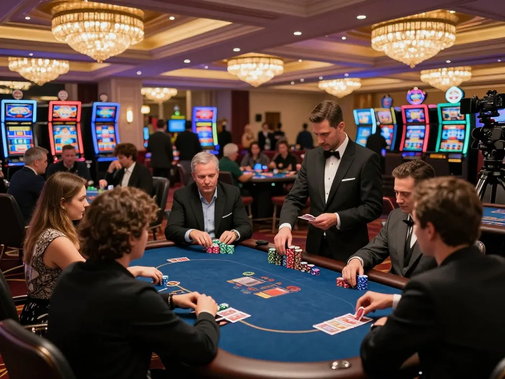 KJC players engaged in a dynamic poker game at a luxurious casino floor.