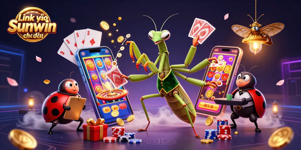 Link vào Sunwin chính thức showcases a vibrant casino atmosphere with animated 3D characters and game elements.