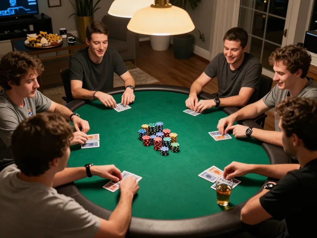 qtr88 players engaging in an entertaining home poker night, showcasing dynamic gameplay and social interaction.