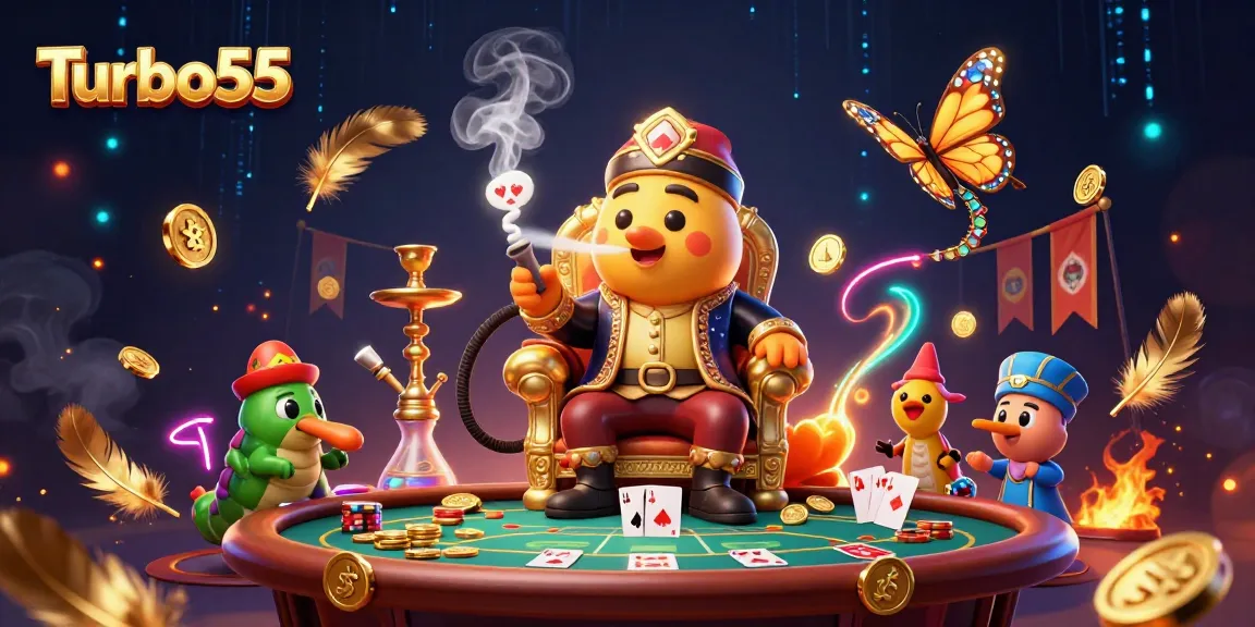 Turbo55 offers an immersive 3D casino scene featuring a Turkish sultan caterpillar mastering the art of poker.