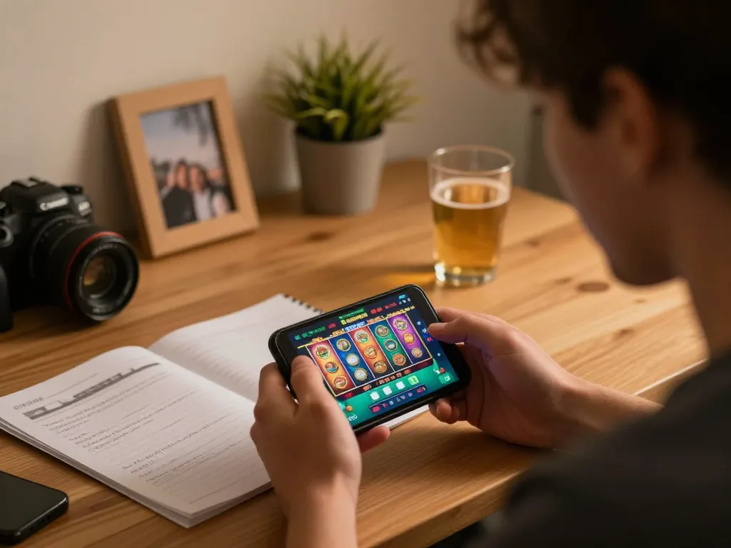 Engaging gameplay on ligalgo app, showcasing a player focused on a smartphone in a warm, inviting atmosphere