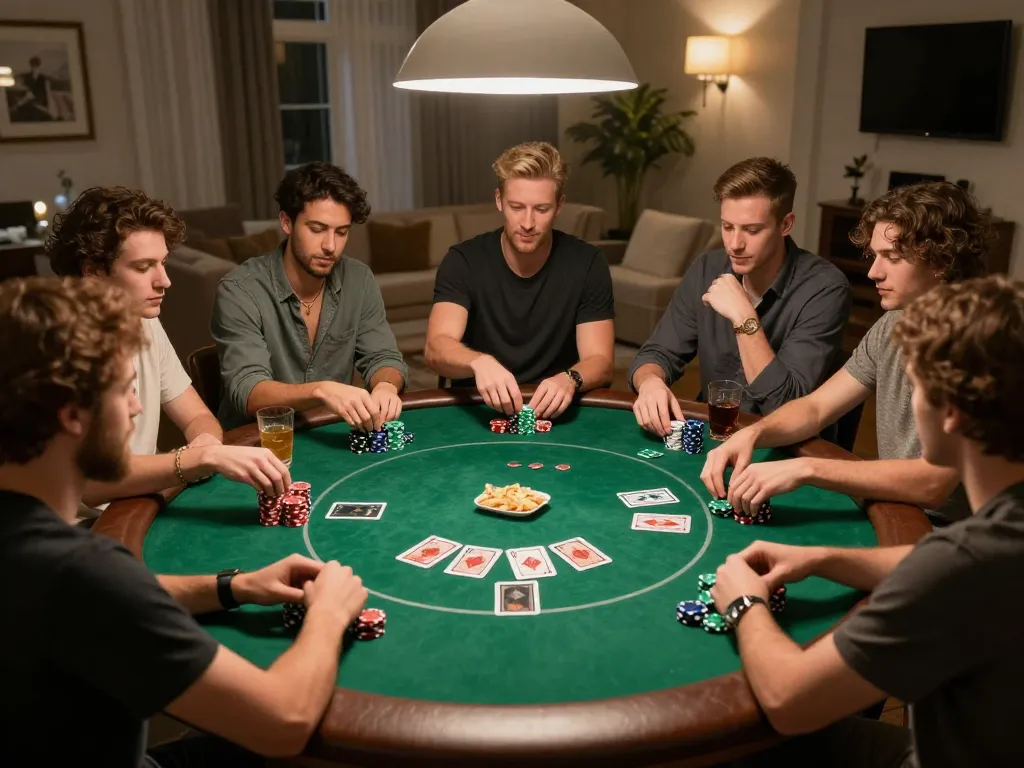 Friends engaging in a lively home poker night at JUN88, showcasing chips and community cards.