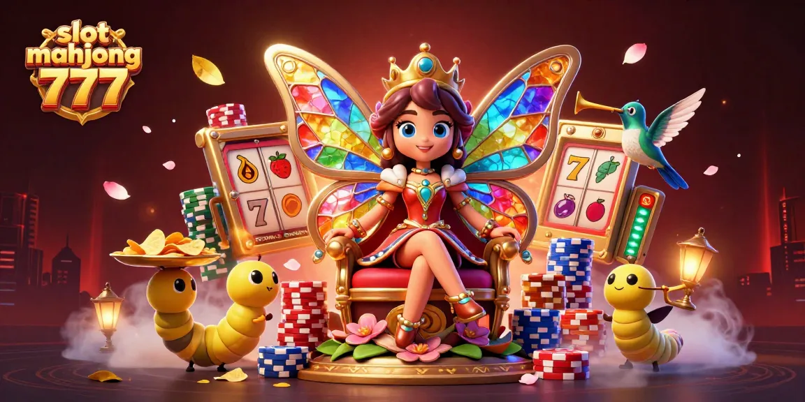 Engage with slot mahjong 777 in a vibrant 3D scene featuring colorful butterflies and poker elements.