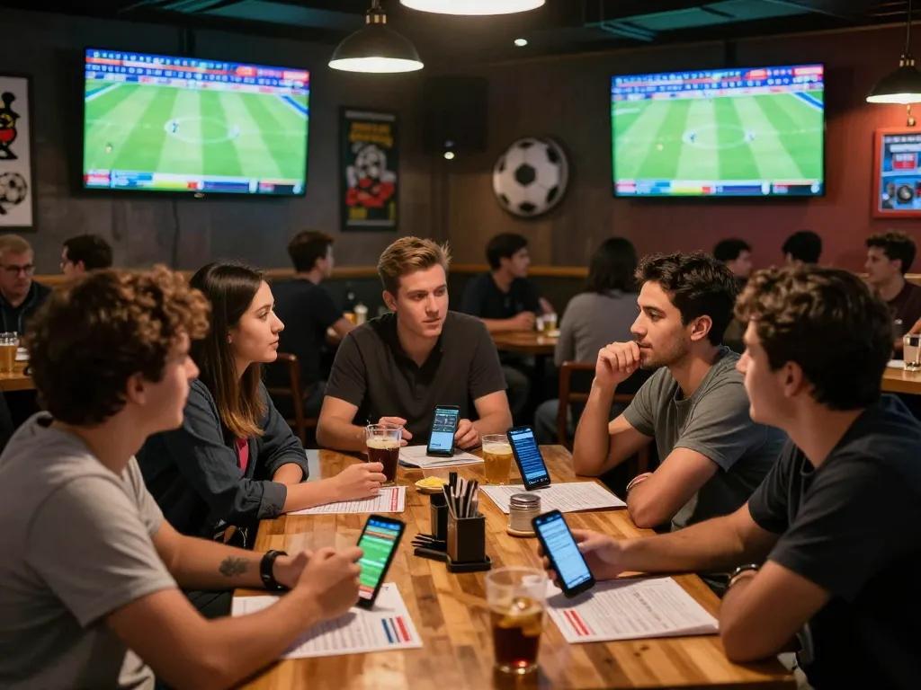 KÈO TRỰC TUYẾN shows excited fans placing bets in a vibrant sports bar atmosphere during live matches