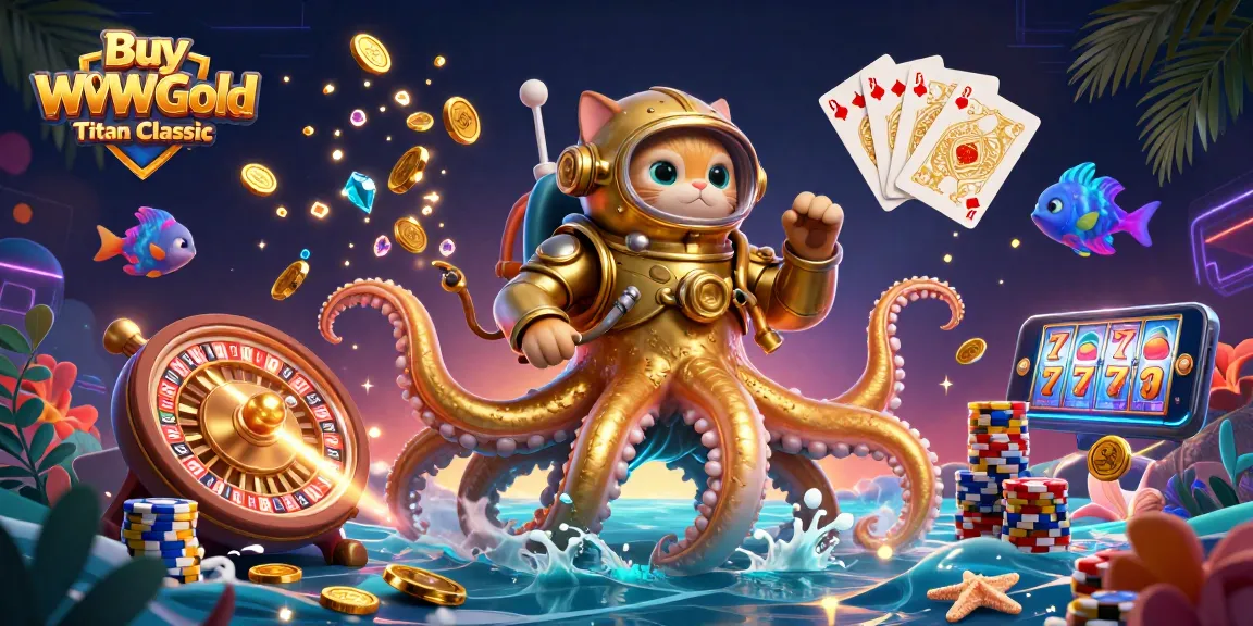 Buy WoW Gold Titan Classic with colossal kraken, diving cat, and vibrant casino elements.