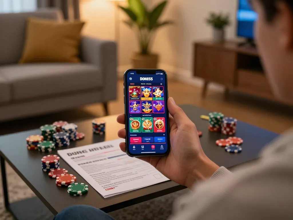Player enjoying the done55 casino gaming app on smartphone, showcasing vibrant game interface and strategic notes.