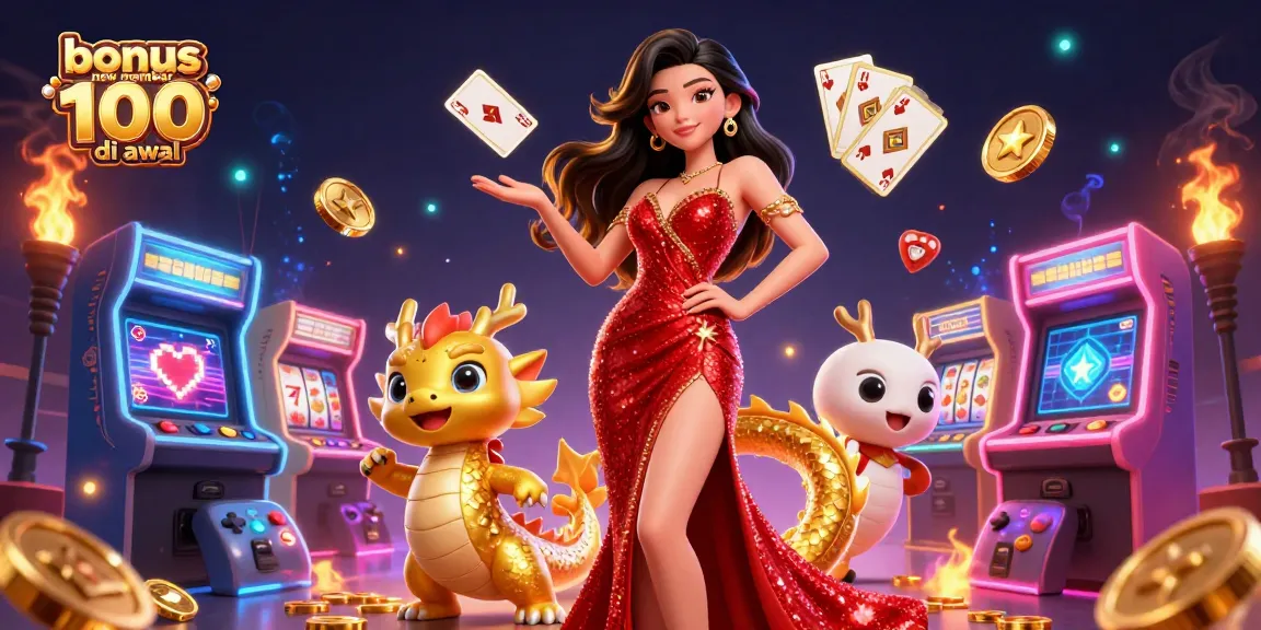 Celebrate with bonus new member 100 di awal, an elegant woman and dragon mascot in vibrant casino scene.