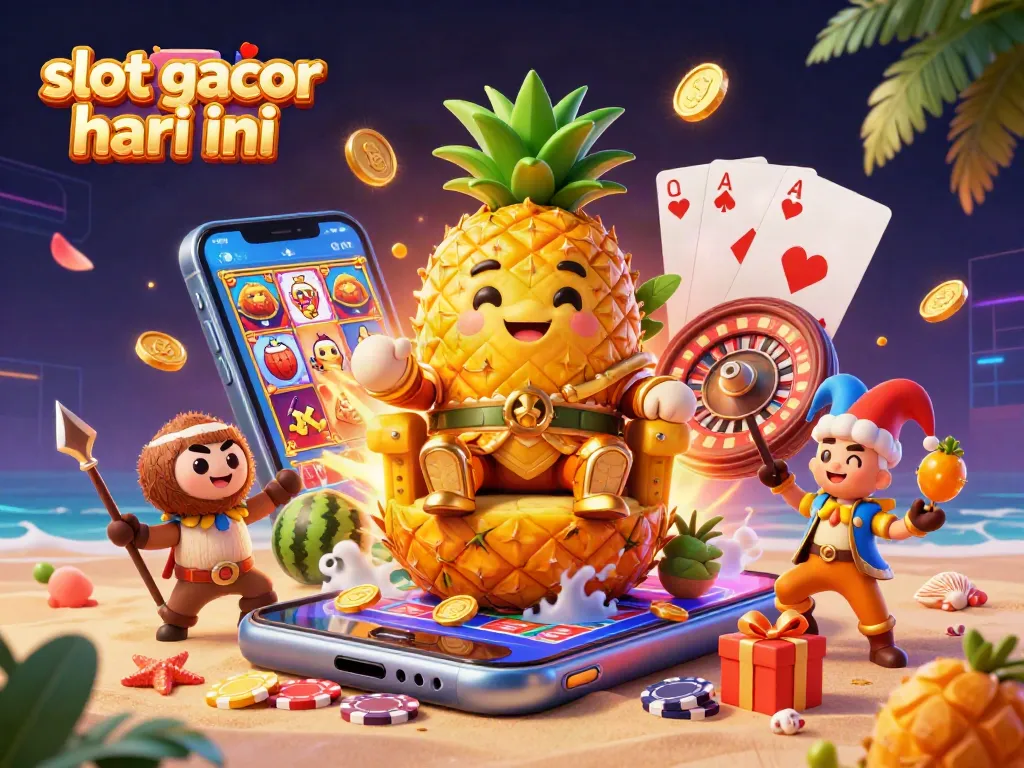 Gambarkan slot gacor hari ini dengan raja nanas emas dan elemen kasino menarik di pantai