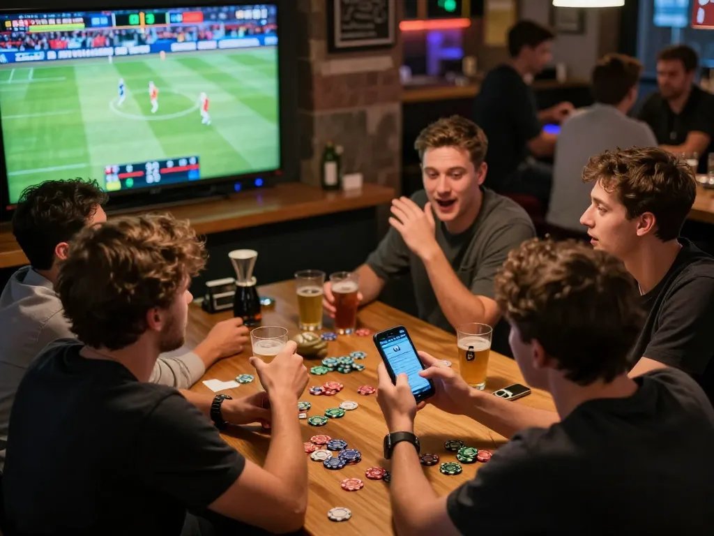 Exciting sports betting scene at GO8 platform with enthusiastic bettors engaged around a table.